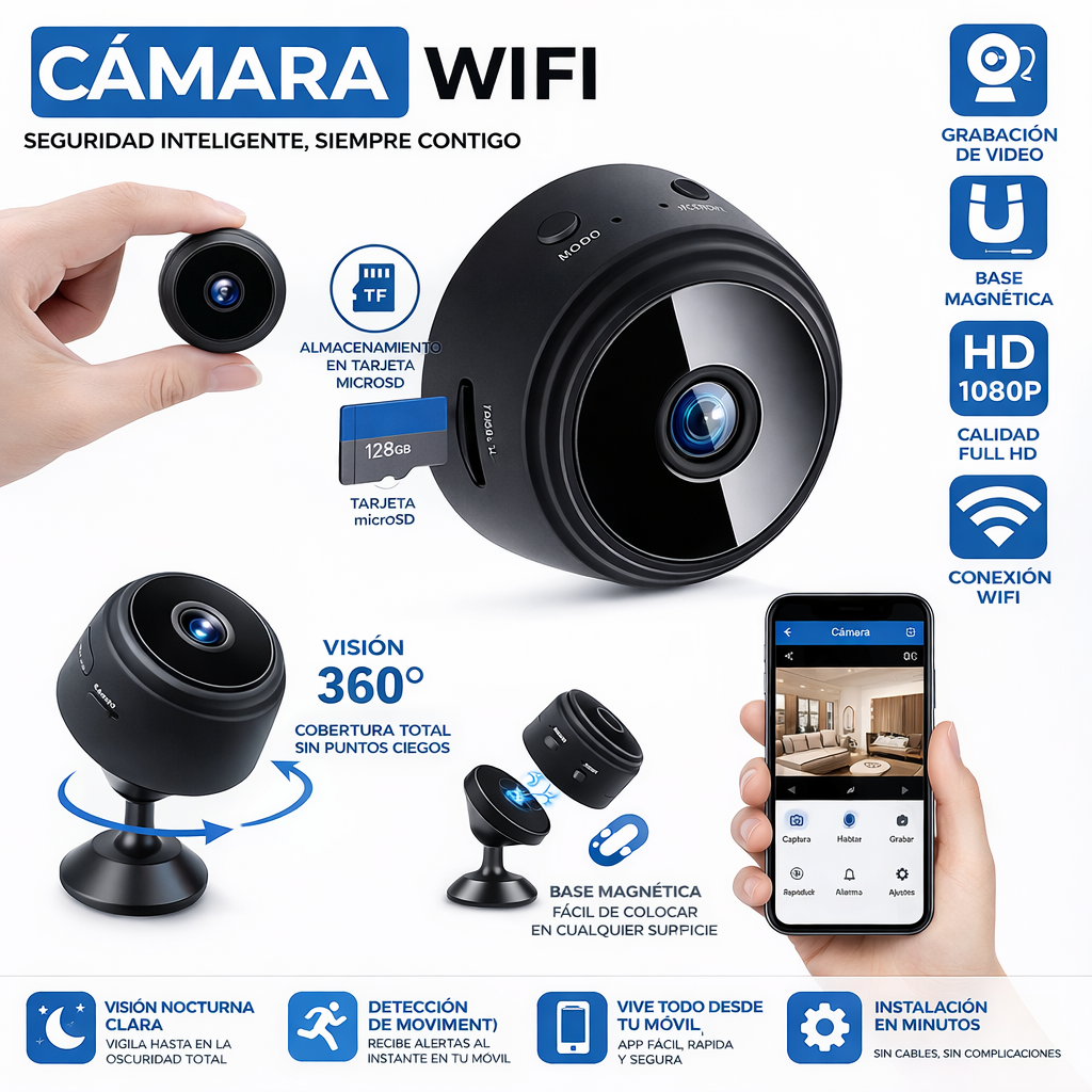 Mini Cámara Full HD con Ángulo 150° y 128 GB de  almacenamiento